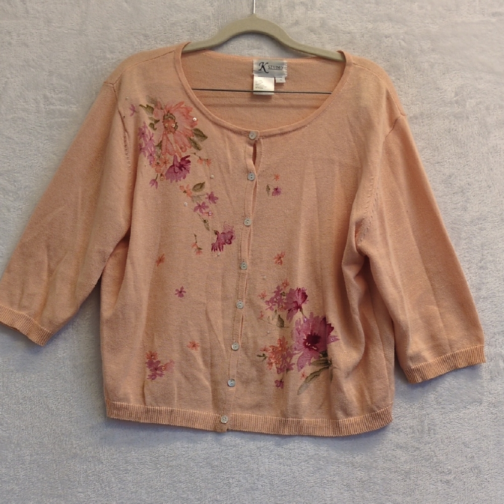 K Studio Women's Peach Floral Grandmacore 3/4 Sleeve Cardigan Size‎ 10